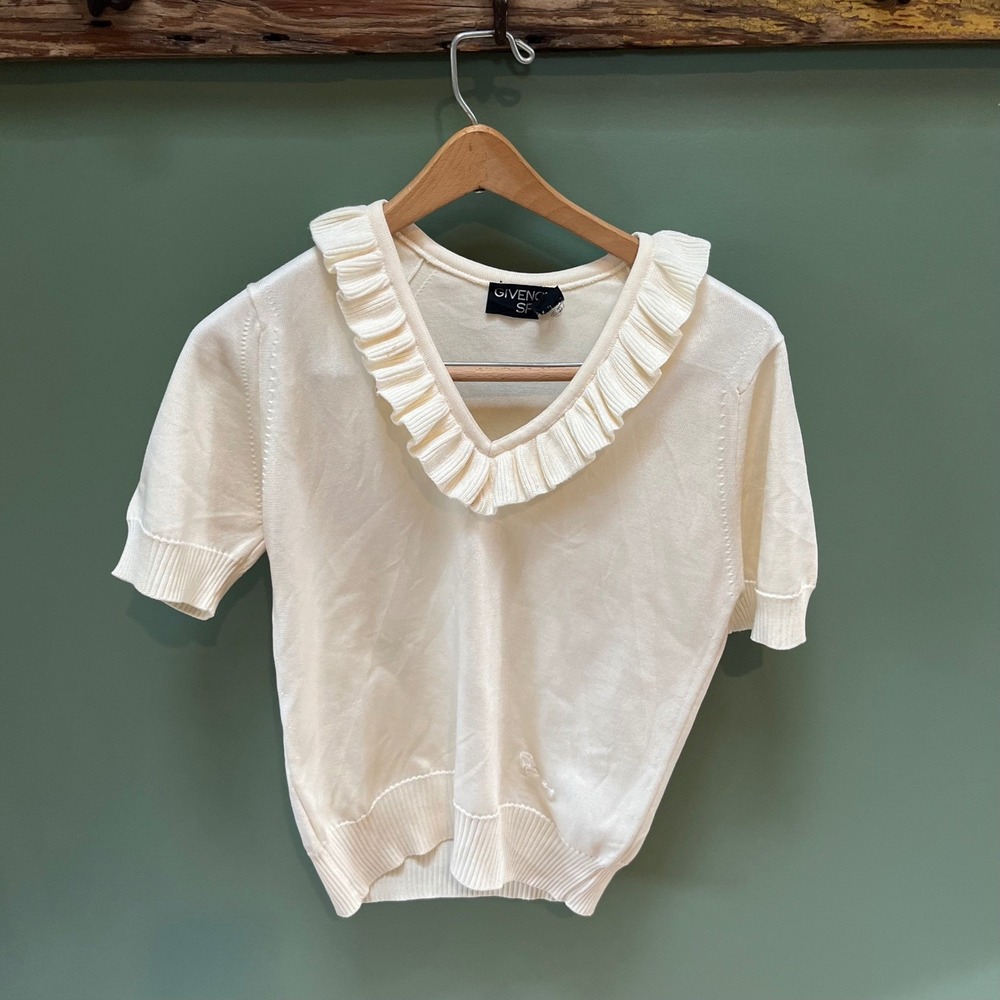 Givenchy Sport Cream‎ Knit Top Ruffle Collar Short Sleeve Women's Size s